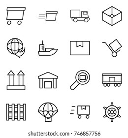 thin line icon set : delivery, truck, box, sea shipping, package, trolley, cargo top sign, warehouse, search, railroad, pallet, parachute, fast deliver, handwheel