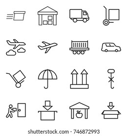 thin line icon set : delivery, warehouse, cargo stoller, journey, plane, truck shipping, car, trolley, dry, top sign, do not hook, courier, package