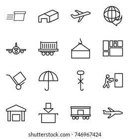 thin line icon set : delivery, warehouse, plane, truck shipping, loading crane, consolidated cargo, trolley, dry, do not hook sign, courier, package, railroad