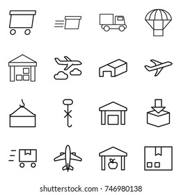 thin line icon set : delivery, truck, parachute, warehouse, journey, plane, loading crane, do not hook sign, package, fast deliver, airplane