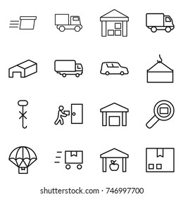 thin line icon set : delivery, truck, warehouse, shipping, car, loading crane, do not hook sign, courier, cargo search, parachute, fast deliver, package