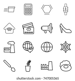thin line icon set : delivery, calculator, hex molecule, smart watch, wireless home, credit card, megafon, shoes, factory, globe, handwheel, big spoon, seedling, soap