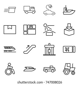 thin line icon set : delivery, truck, electric car, sea shipping, package box, consolidated cargo, sun potection, train, escalator, detector, ticket, invalid, yacht, pickup, tractor