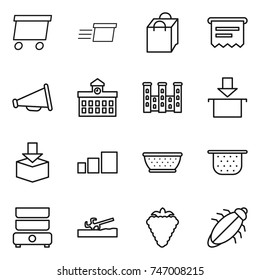 thin line icon set : delivery, shopping bag, atm receipt, loudspeaker, university, palace, package, sorting, colander, double boiler, soil cutter, berry, bug