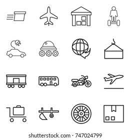thin line icon set : delivery, plane, warehouse, hoverboard, electric car, lunar rover, loading crane, railroad shipping, bus, motorcycle, departure, baggage trolley, plow, wheel, package