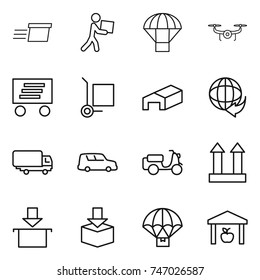 thin line icon set : delivery, courier, parachute, drone, cargo stoller, warehouse, shipping, car, scooter, top sign, package