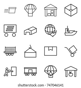 thin line icon set : delivery, parachute, warehouse, box, sea shipping, truck, loading crane, package, trolley, courier, railroad