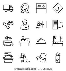 thin line icon set : delivery, medal, tools, under construction, phone 24, support manager, courier, hotel, transfer, reception, meal cap, skysrcapers cleaning, washing powder, brooming, floor