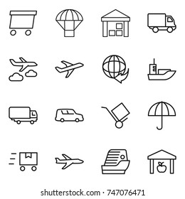 thin line icon set : delivery, parachute, warehouse, journey, plane, sea shipping, car, trolley, dry cargo, fast deliver, cruise ship