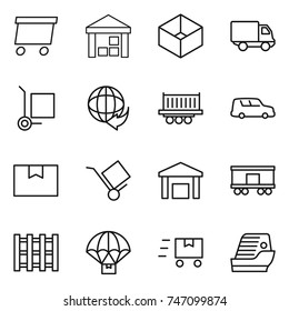 thin line icon set : delivery, warehouse, box, cargo stoller, truck shipping, car, package, trolley, railroad, pallet, parachute, fast deliver, cruise ship