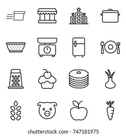 Thin Line Icon Set : Delivery, Market, Hotel, Pan, Colander, Kitchen Scales, Fridge, Fork Spoon Plate, Grater, Cupcake, Pancakes, Onion, Spikelets, Pig, Apple, Carrot