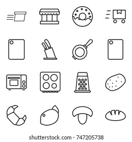 thin line icon set : delivery, market, donut, fast deliver, cutting board, stands for knives, pan, grill oven, hob, grater, potato, croissant, lemon, mushroom, bread