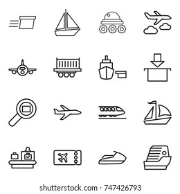 thin line icon set : delivery, boat, lunar rover, journey, plane, truck shipping, port, package, cargo search, train, sail, baggage checking, ticket, jet ski, cruise ship