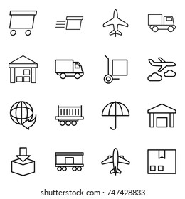 thin line icon set : delivery, plane, truck, warehouse, cargo stoller, journey, shipping, dry, package, railroad, airplane