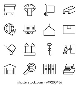 thin line icon set : delivery, parachute, cargo stoller, warehouse, truck shipping, loading crane, package box, trolley, top sign, do not hook, courier, search, pallet, cruise ship