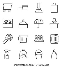 thin line icon set : delivery, flask, shopping bag, tools, loading crane, dry cargo, package, search, measuring cup, spices, barrel, sprayer, garbage, bucket, cleanser