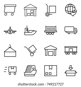 thin line icon set : delivery, warehouse, cargo stoller, plane, sea shipping, truck, loading crane, trolley, railroad, fast deliver, cruise ship, package