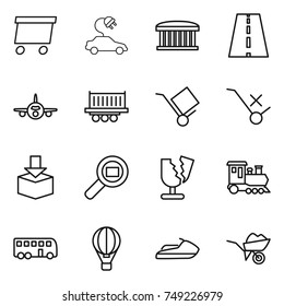 thin line icon set : delivery, electric car, airport building, road, plane, truck shipping, trolley, do not sign, package, cargo search, broken, train, bus, air ballon, jet ski, wheelbarrow