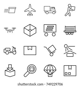 thin line icon set : delivery, plane, truck, courier, drone, box, shipping, scooter, package, trolley, sun potection, cargo search, parachute