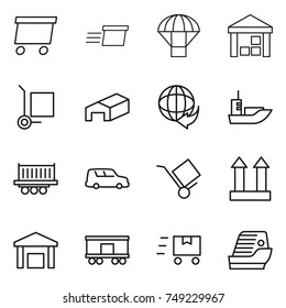 thin line icon set : delivery, parachute, warehouse, cargo stoller, sea shipping, truck, car, trolley, top sign, railroad, fast deliver, cruise ship