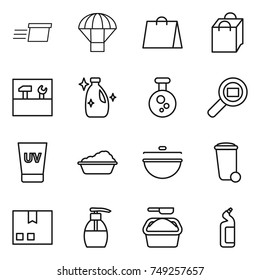 thin line icon set : delivery, parachute, shopping bag, tools, cleanser, chemical, cargo search, uv cream, washing, cauldron, trash bin, package, liquid soap, powder, toilet