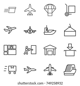 thin line icon set : delivery, plane, parachute, cargo stoller, sea shipping, loading crane, consolidated, courier, warehouse, package, fast deliver, airplane, cruise ship