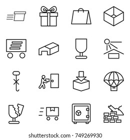 thin line icon set : delivery, gift, shopping bag, box, warehouse, fragile, sun potection, do not hook sign, courier, package, parachute, broken, fast deliver, safe, construct garbage