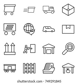 thin line icon set : delivery, truck, box, car shipping, package, cargo top sign, courier, warehouse, search, railroad, pallet, cruise ship