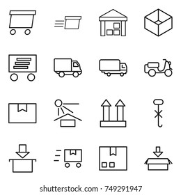 thin line icon set : delivery, warehouse, box, shipping, scooter, package, sun potection, cargo top sign, do not hook, fast deliver