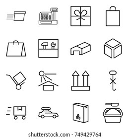 thin line icon set : delivery, cashbox, gift, shopping bag, tools, warehouse, 3d, trolley, sun potection, cargo top sign, do not hook, fast deliver, car baggage, cereals, washing powder