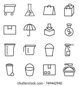 thin line icon set : delivery, flask, shopping bag, package box, dry cargo, chemical, measuring cup, bucket, sprayer, trash bin, washing powder