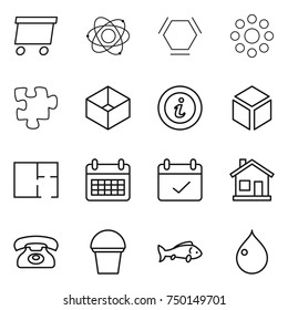 thin line icon set : delivery, atom, hex molecule, round around, puzzle, box, info, 3d, plan, calendar, terms, home, phone, bucket, fish, drop