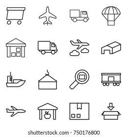 thin line icon set : delivery, plane, truck, parachute, warehouse, journey, sea shipping, loading crane, cargo search, railroad, package