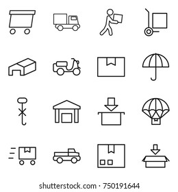 thin line icon set : delivery, truck, courier, cargo stoller, warehouse, scooter shipping, package box, dry, do not hook sign, parachute, fast deliver, pickup