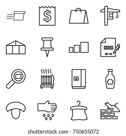 thin line icon set : delivery, receipt, shopping bag, tower crane, greenhouse, pin, sorting, inventory, cargo search, radiator, fridge, ketchup, mushroom, sow, hanger, construct garbage