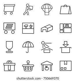 thin line icon set : delivery, courier, parachute, shopping bag, tools, warehouse, consolidated cargo, fragile, dry, sun potection, package, hi quality, basket