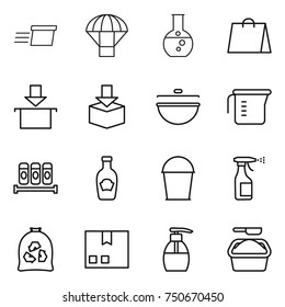 thin line icon set : delivery, parachute, round flask, shopping bag, package, cauldron, measuring cup, spices, ketchup, bucket, sprayer, garbage, liquid soap, washing powder