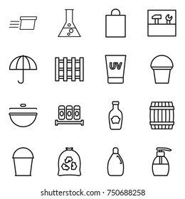 thin line icon set : delivery, flask, shopping bag, tools, dry cargo, pallet, uv cream, bucket, cauldron, spices, ketchup, barrel, garbage, cleanser, liquid soap