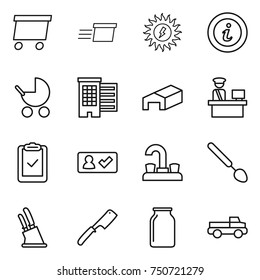 thin line icon set : delivery, sun power, info, baby stroller, houses, warehouse, customs control, clipboard check, in, water tap, big spoon, knife holder, chef, bank, pickup