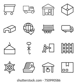 thin line icon set : delivery, truck, warehouse, box, shipping, loading crane, do not hook sign, courier, pallet, handwheel, cruise ship, package