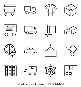 thin line icon set : delivery, truck, parachute, box, cargo stoller, warehouse, car shipping, loading crane, trolley, pallet, fast deliver, handwheel, package