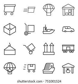 thin line icon set : delivery, parachute, warehouse, box, cargo stoller, sea shipping, car, loading crane, trolley, top sign, railroad, fast deliver, cruise ship