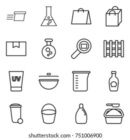 thin line icon set : delivery, flask, shopping bag, package box, chemical, cargo search, pallet, uv cream, cauldron, measuring cup, ketchup, trash bin, bucket, cleanser, washing powder