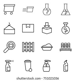 thin line icon set : delivery, round flask, loading crane, package box, chemical, cargo search, pallet, washing, spices, sprayer, trash bin, liquid soap, toilet cleanser
