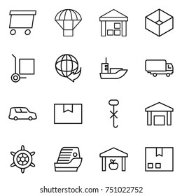 thin line icon set : delivery, parachute, warehouse, box, cargo stroller, sea shipping, car, package, do not hook sign, handwheel, cruise ship
