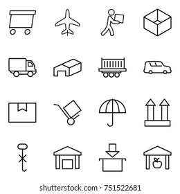 thin line icon set : delivery, plane, courier, box, warehouse, truck shipping, car, package, trolley, dry cargo, top sign, do not hook