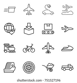 thin line icon set : delivery, plane, electric car, weather management, package, transporter tape, train, bike, airplane, jet ski, cruise ship, wheel, wheelbarrow, pickup