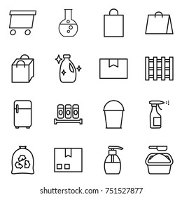 thin line icon set : delivery, round flask, shopping bag, cleanser, package box, pallet, fridge, spices, bucket, sprayer, garbage, liquid soap, washing powder