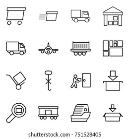 thin line icon set : delivery, truck, warehouse, plane, shipping, consolidated cargo, trolley, do not hook sign, courier, package, search, railroad, cruise ship