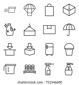 thin line icon set : delivery, parachute, shopping bag, box, cleanser, loading crane, package, dry cargo, fridge, bucket, measuring cup, spices, sprayer, liquid soap